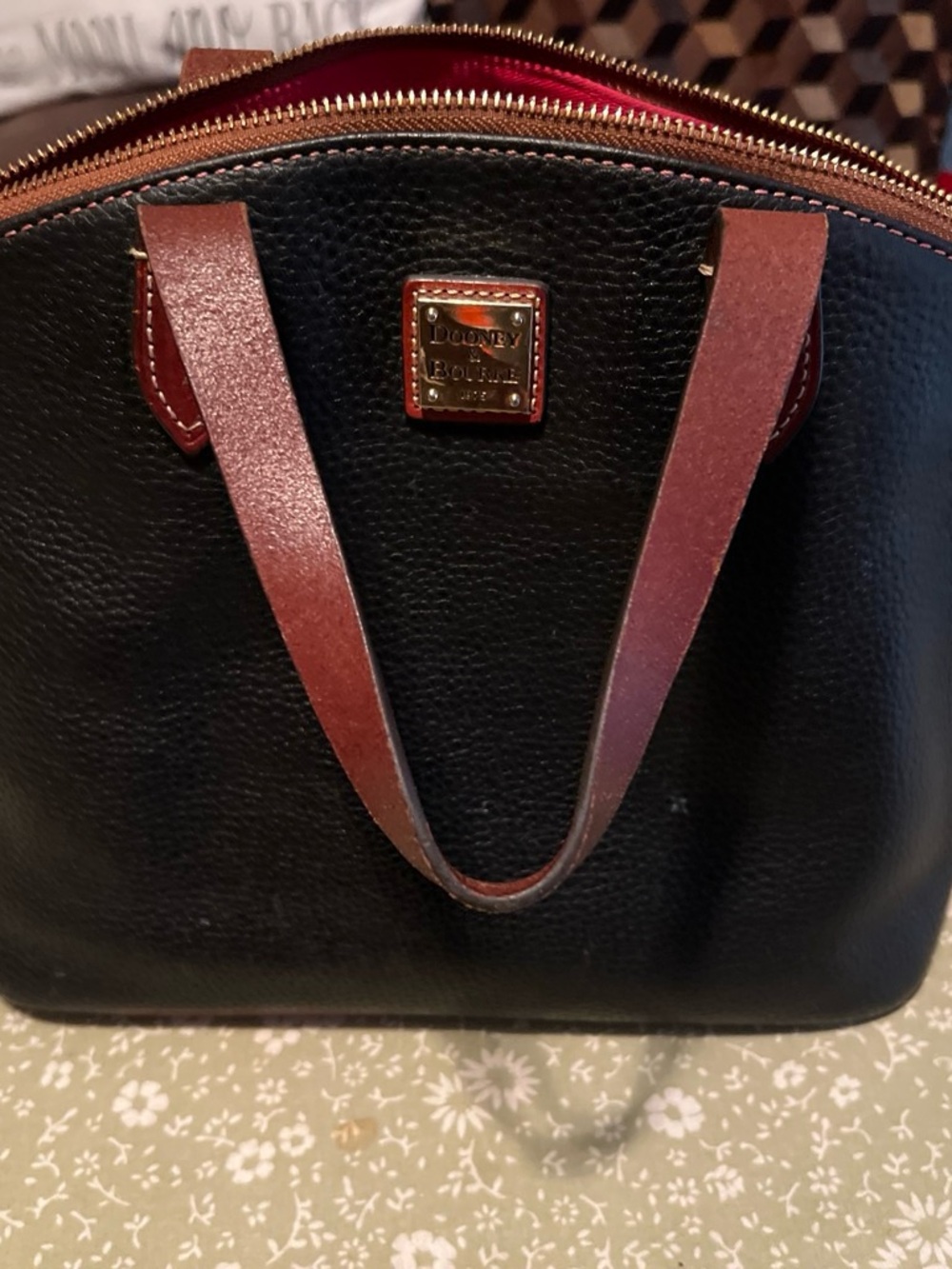 Dooney & Bourke Black Satchel with Red-Brown Handles
